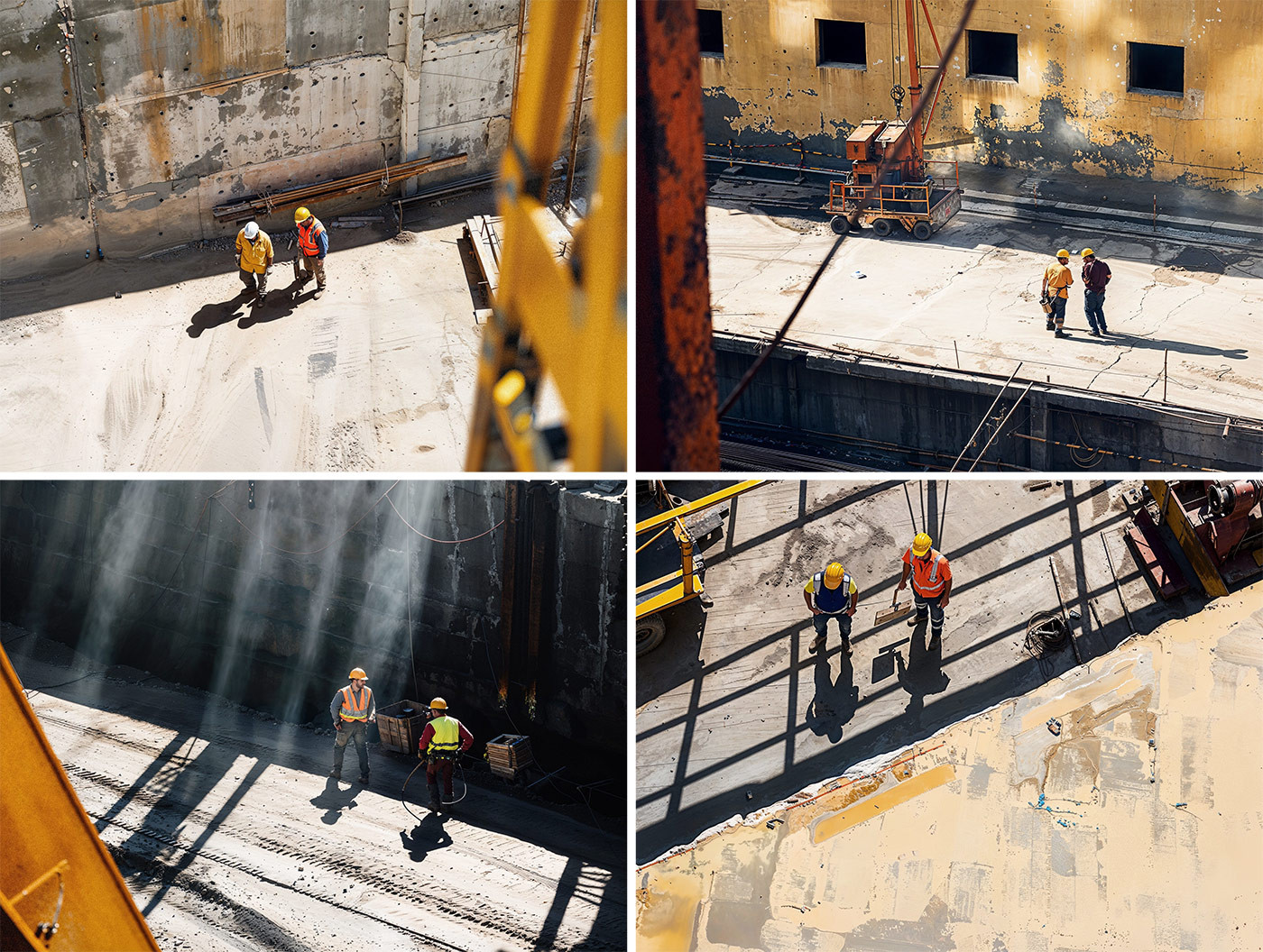 Bilder von verschiedenen Baustellen mit Arbeitern im Gespräch