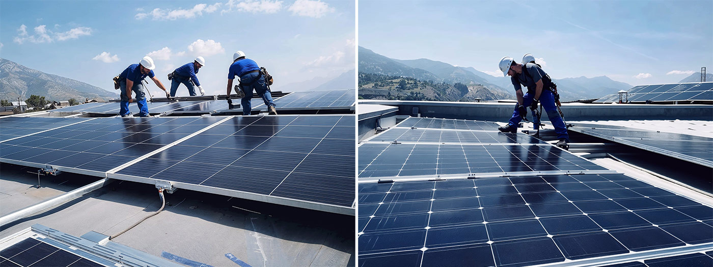 Monteure für Solar Panels auf einem Dach