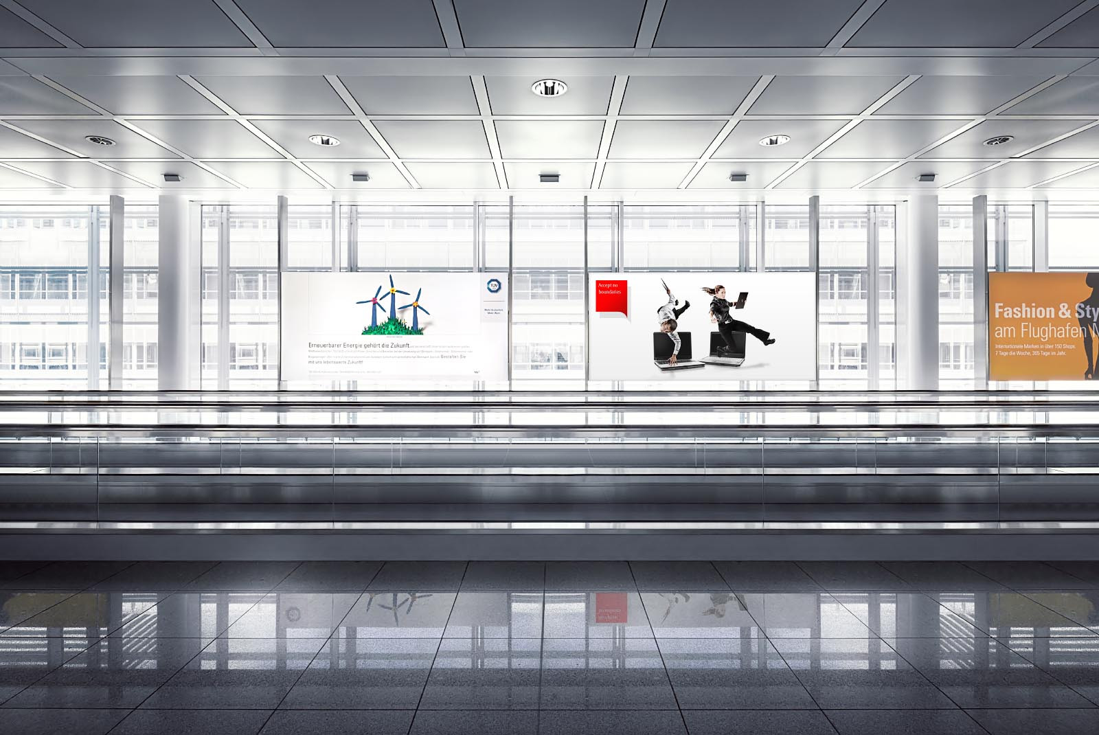Verbindungsbereich und Fujitsu Werbefläche am Flughafen