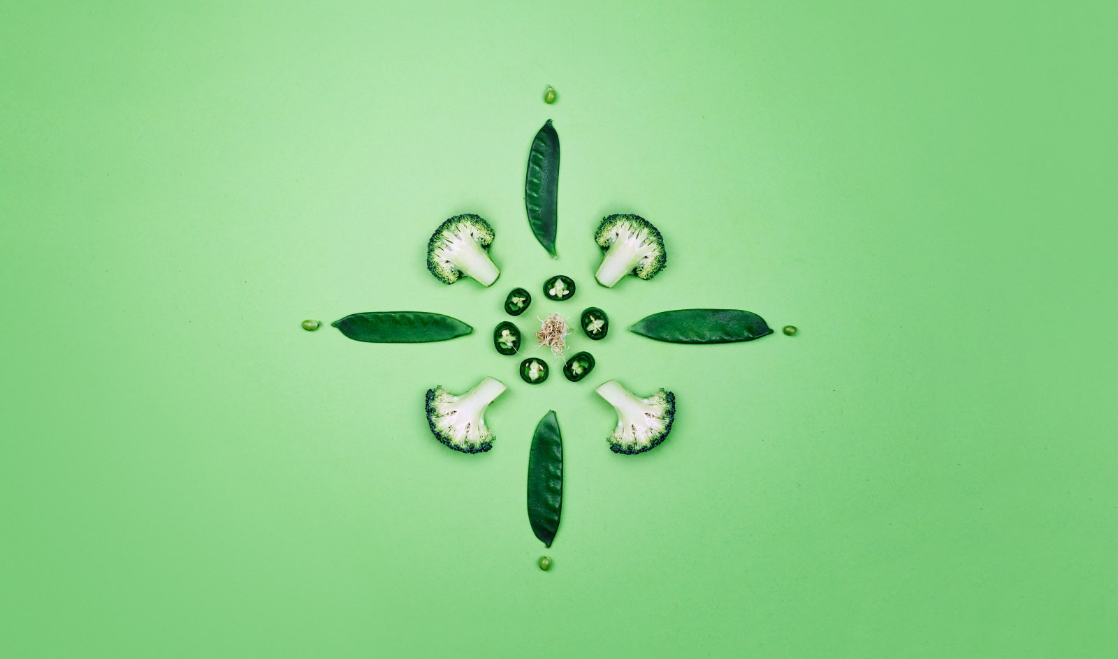 Brokkoli, Bohnen und Chillistücke arrangiert zu einer Blume. Fotografiert auf grünem Untergrund.