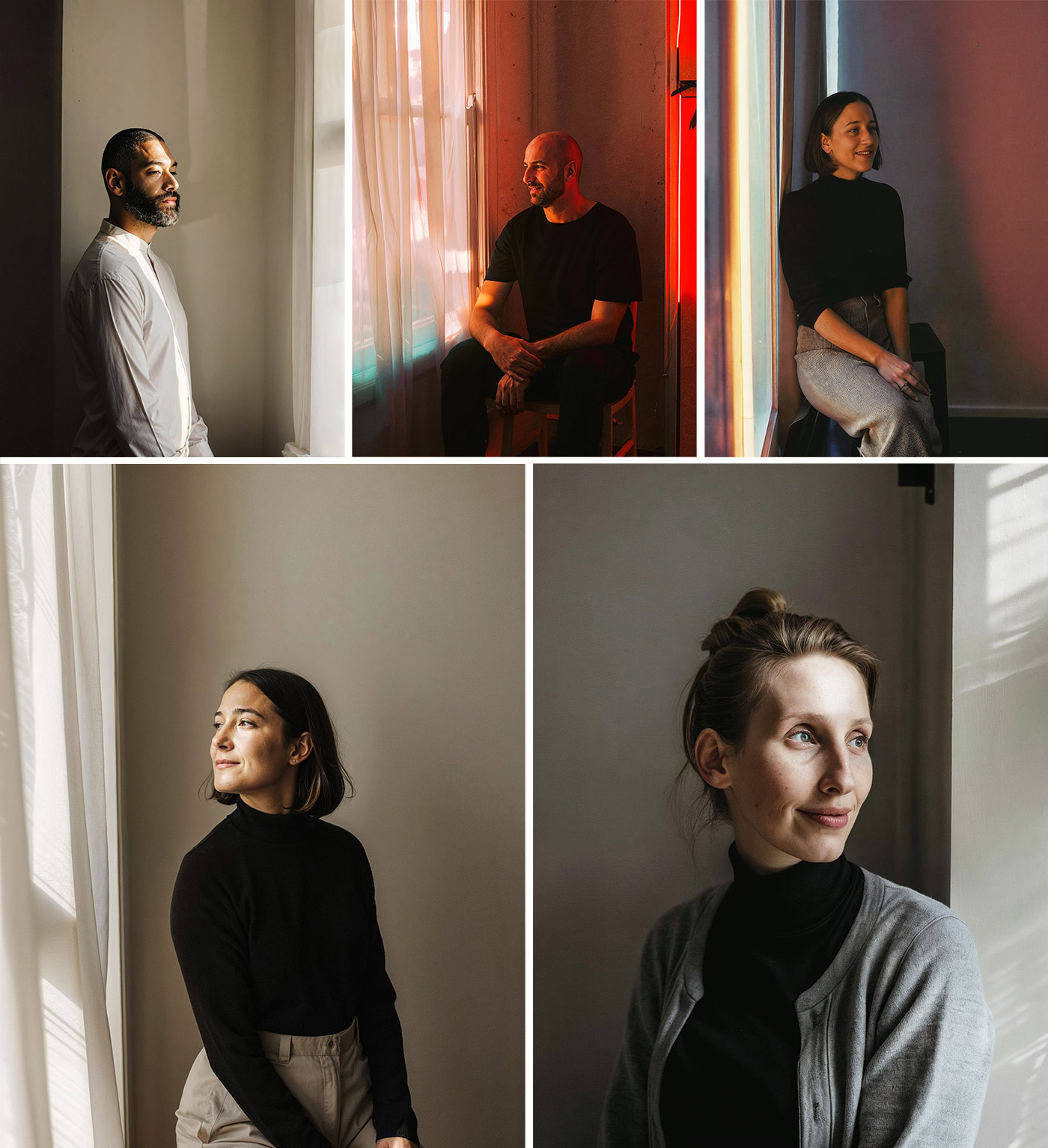 Diverse Headshots erstellt mit KI. Natürliches Licht gemixt mit Neonlicht.