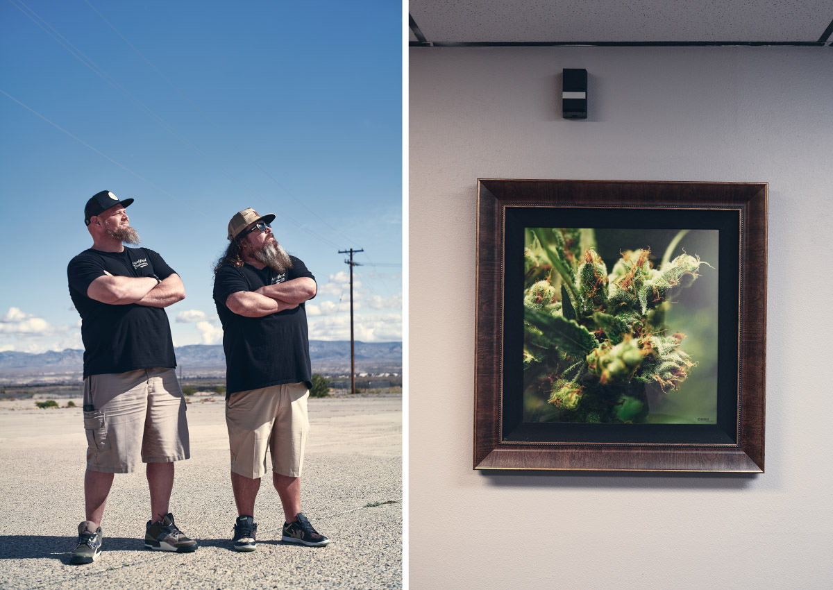 Links Portraitaufnahme von zwei Growern in Nevada, rechts Stillleben in einem der Offices