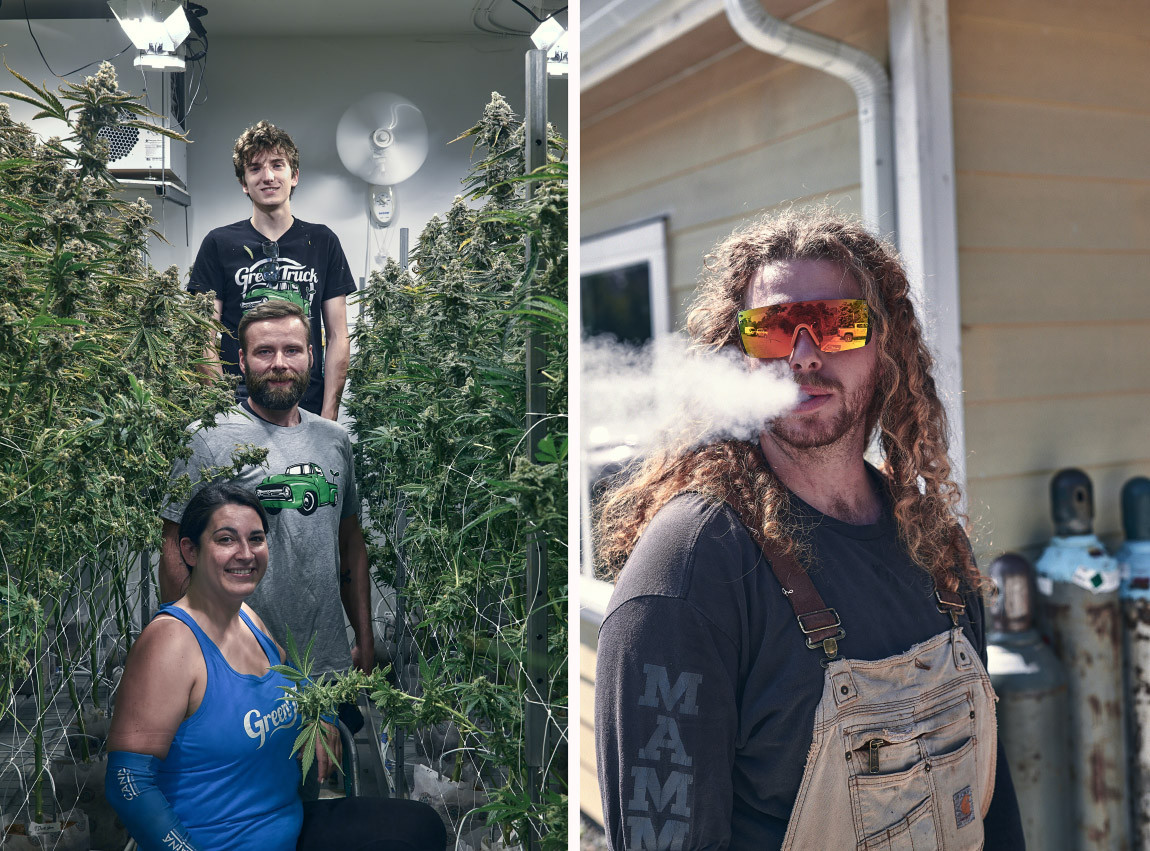 Links Gruppenbild bei der Cannabis Erne, rechts Portrait eines rauchendes Growers