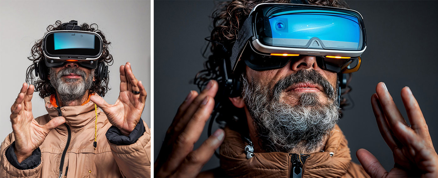 Mann der eine VR-Headset trägt