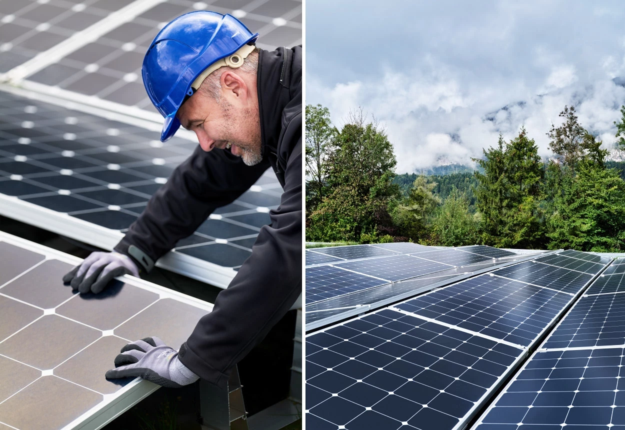 Arbeiter installiert ein Solarpanel. Rechts Ansicht nach der Installation.