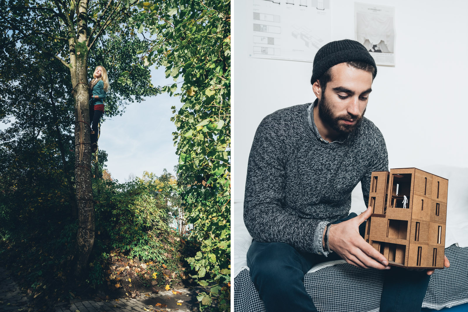 Student der Architektur betrachtet ein Modell, Mädchen klettert auf einen Baum