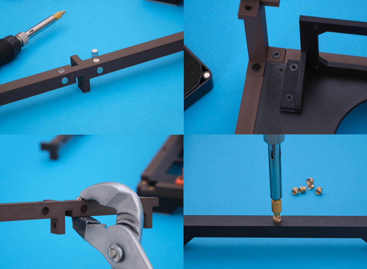 Verschiedene Bilder der Magnete und Einpressmuttern am Gehäuse