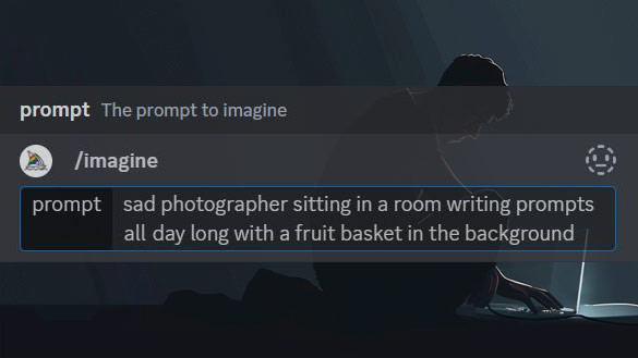 Prompteingabe mit einem Hintergrundbild eines Fotografen in einem dunklen Raum