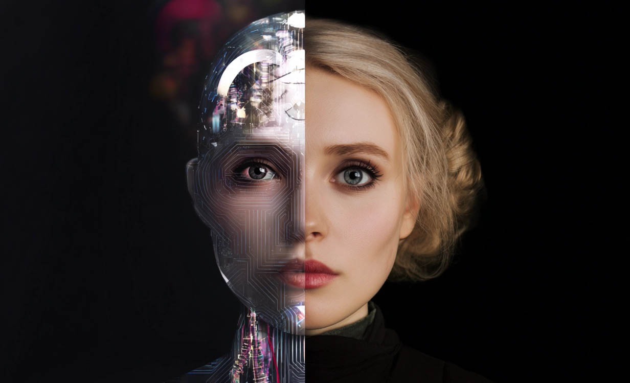 Splitface, links KI, rechts klassische Fotografie