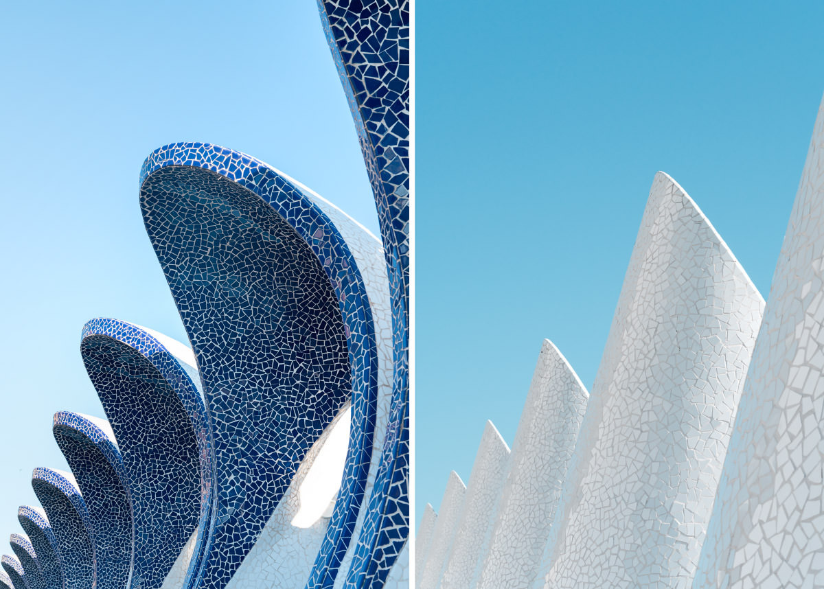 Zwei Fotos die abstrakte Details zeigen, Pfeiler in blau und weiß