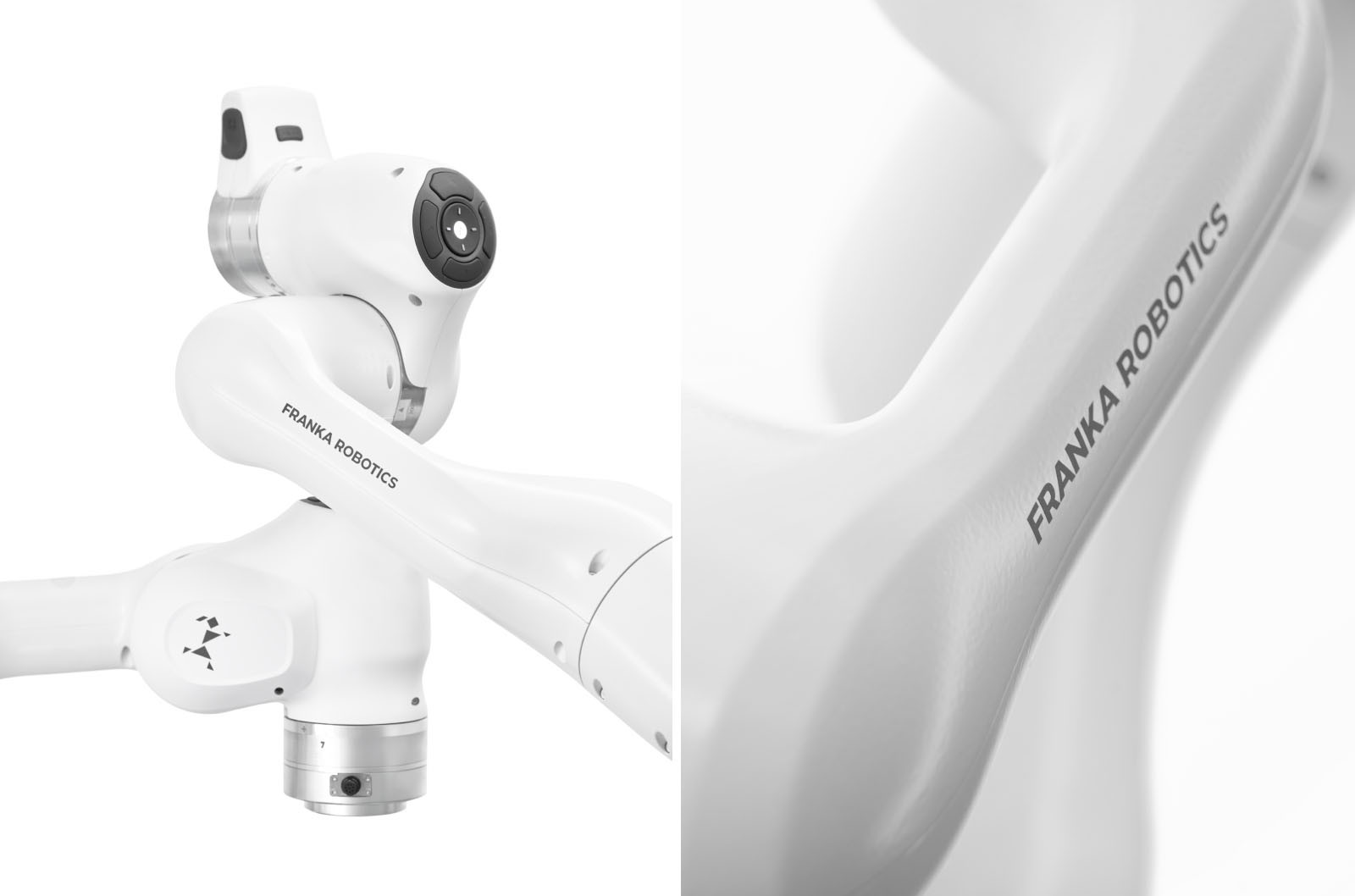 Detailaufnahme der Roboterarme, jeweils mit sichtbarem Logo