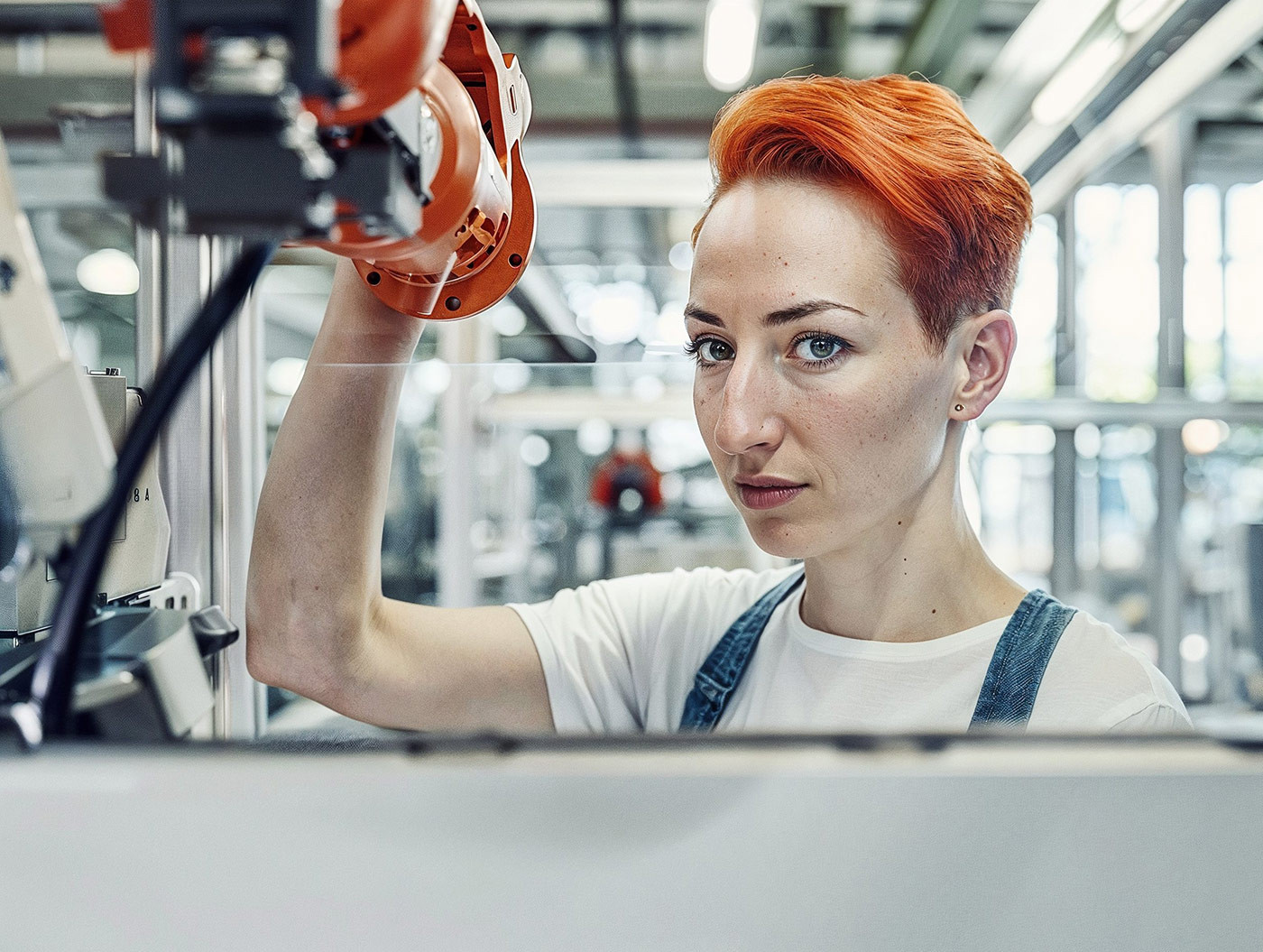 Frau die mit einem Roboter arbeitet